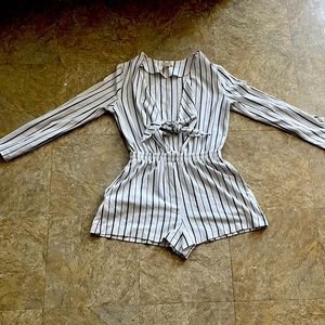 White and Blue Striped deep V neck cut out shorts Romper